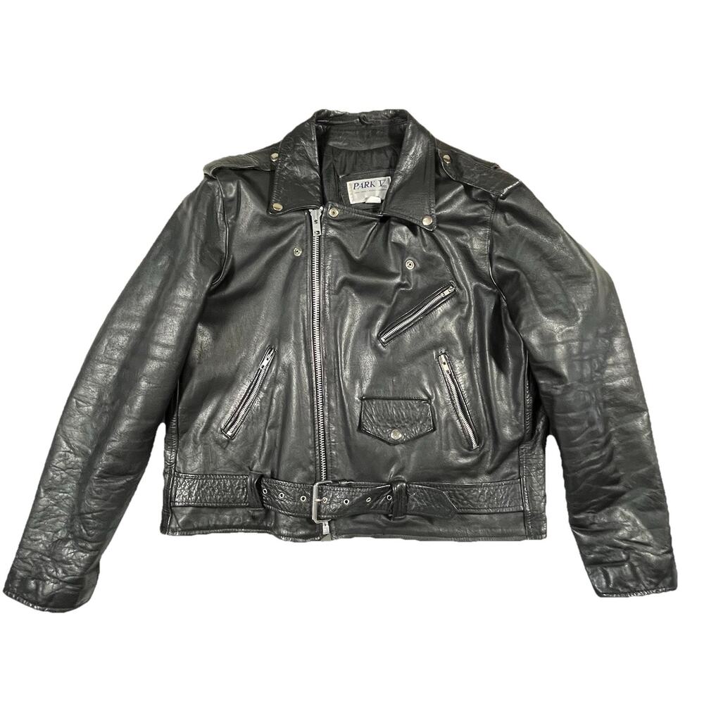 Vintage Park V Black Leather Motorcycle Jacket USA Mens 48 Biker Coat